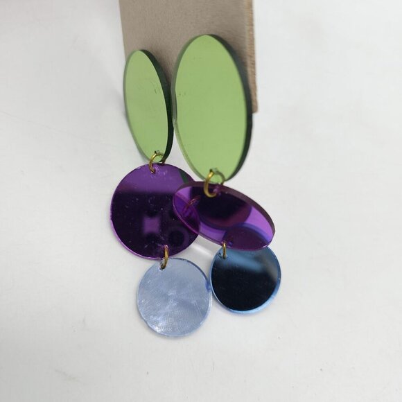 Vintage 1980s Green Purple Blue Acrylic Disc Dangle Earrings Clip-On Retro - Picture 3 of 7